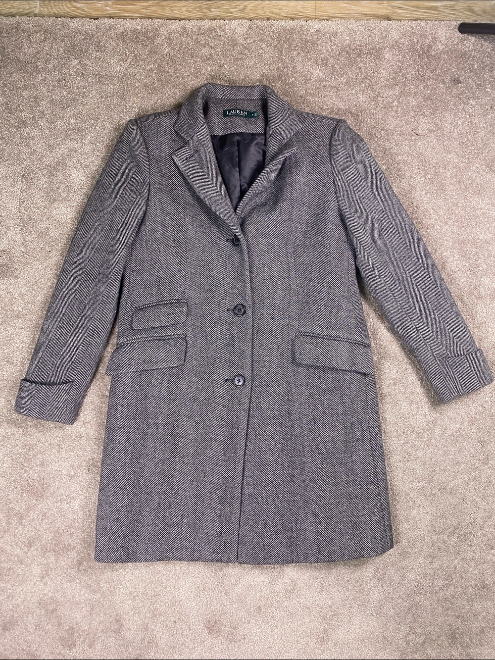 Ralph Lauren Gray Herringbone Pea Coat Wool Blend Size 8